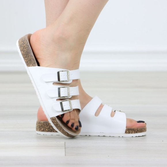 White Adjustable Triple Buckle Footbed Sandals - Picture 2 of 11